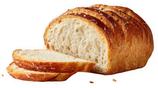 Freshly baked artisan bread loaf with two slices, isolated on transparent background