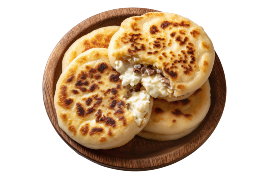 Grilled arepas plain sandwich filled with melted cheese and ground beef on wooden plate, isolated on white transparent background, concept of Latin street food