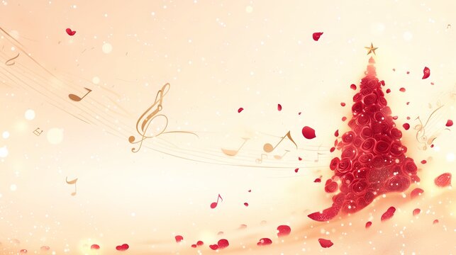 A Christmas tree composed of rose petals, with notes and petals flying, Christmas music festival party, game style