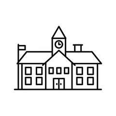 Simple line drawing of a classic school building with a clock tower