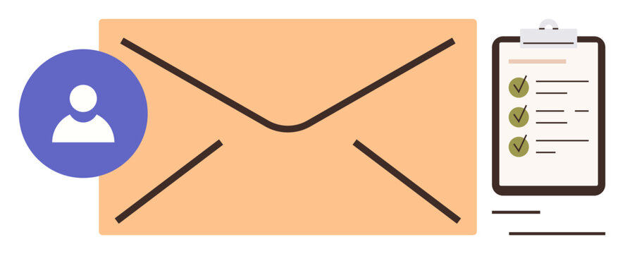 Large envelope, profile icon, checklist with marked items. Ideal for email, messaging, communication, task organization, productivity digital correspondence office work. Clean flat metaphor