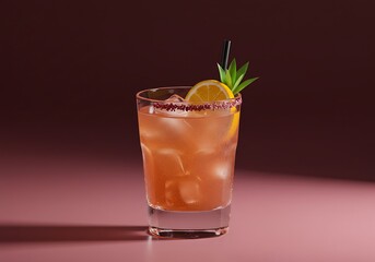 Fototapeta premium Refreshing cocktail with lemon garnish and ice cubes on a pink surface