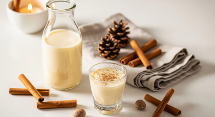 Homemade eggnog with nutmeg and cinnamon on bright white surface