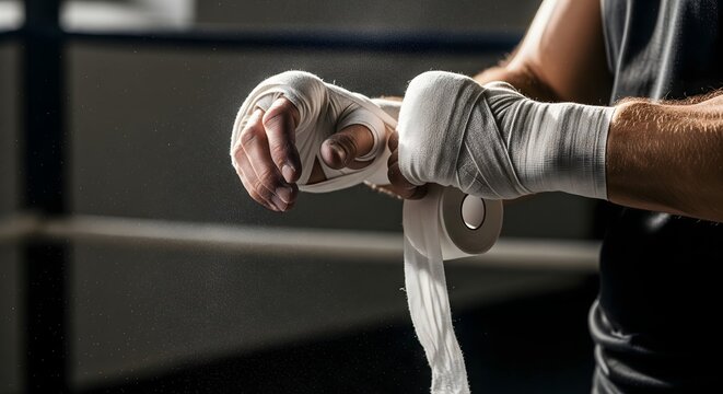 Close-up of a man wrapping his hands with white boxing wraps in preparation for training. - Powered by Adobe