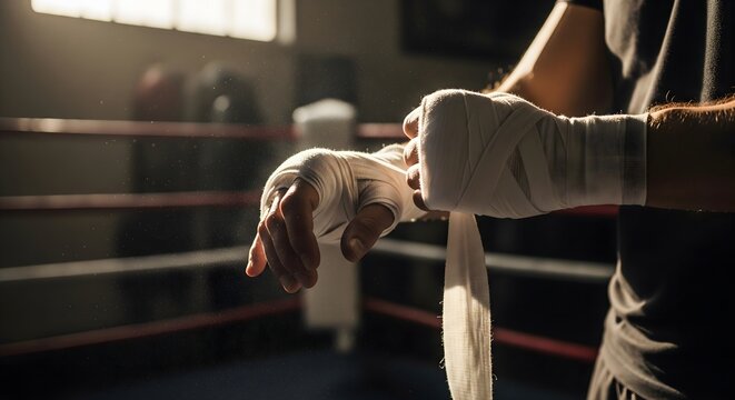 A boxer wraps his hands with athletic tape in preparation for a fight.