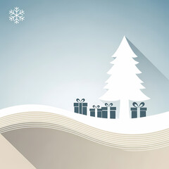 Minimalist Christmas tree with presents on winter background  