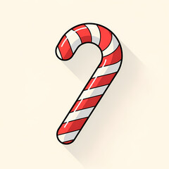 Red and white candy cane with shadow on beige background  