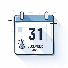 Calendar illustrating December 31, 2025 with party hat design  