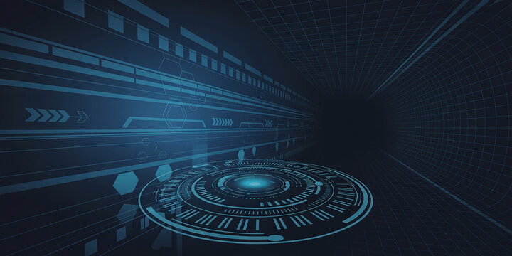 Futuristic digital blue technological tunnel with circular interface and grid pattern abstract