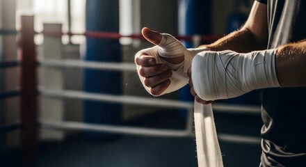Boxer wrapping hands in boxing ring before match.