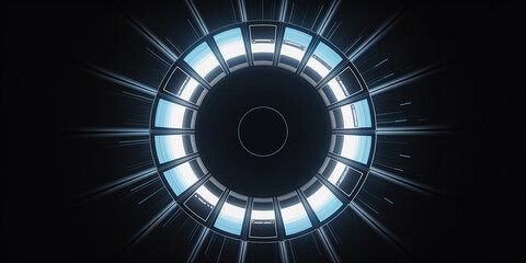 Futuristic Glowing Blue Ring with Light Rays on Black Background abstract circle