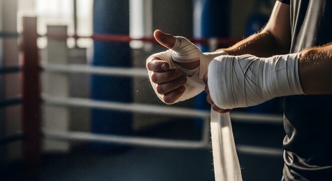 Boxer wrapping hands in boxing ring before match.