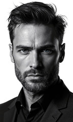 A male strategist in crisp steel-gray, surrounded by intersecting laser lines, visualizing his precision in navigating complex global markets