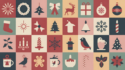 Colorful Christmas Icon Pattern in Flat Minimalist Style