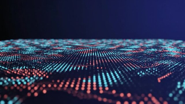 Digital data surface with glowing blue and orange dot matrix pattern
