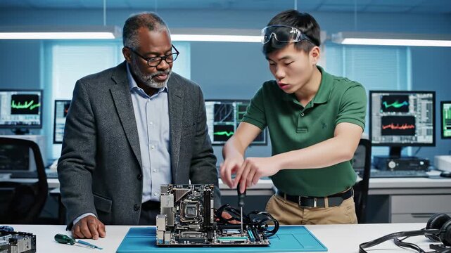 Collaborative engineers, male students work together on computer project in well equipped room with multiple monitors, surrounded by open computer motherboard, wires, and components.