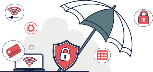 Flat vector illustration showing umbrella protecting laptop with lock and warning shield, symbolizing cybercrime risks, data breach alerts and online security for tech banners, apps and infographics.
