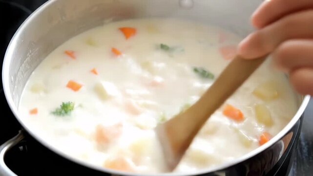 鍋でクリームシチューを煮込む（料理・野菜・クローズアップ）