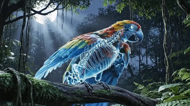 Digitally Enhanced Parrot Perched on Branch in a Jungle with Moonlight and Glowing Effect