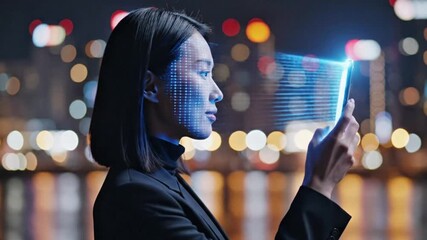 Asian Woman Using Smartphone Facial Recognition Scanner for Biometric Security at Night in City - Powered by Adobe