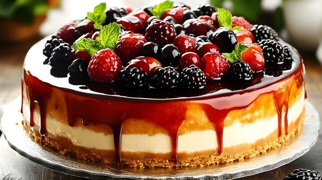 Delicious berry cheesecake topped with fresh fruits in bright kitchen setting on a sunny day