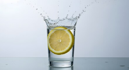A lemon slice drops into a glass of water, creating a splash.