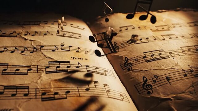 Old sheet music with floating musical note symbols in dramatic light