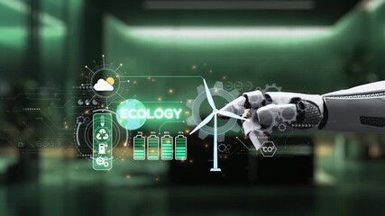 A robotic hand engages with digital ecology elements, showcasing renewable energy themes and sustainable practices within a modern, tech-driven workspace setting. Auvana
