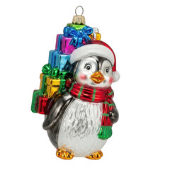 Naklejka premium Cute glass penguin christmas ornament wearing a santa hat and scarf, carrying a stack of colorful gift boxes isolated on transparent background