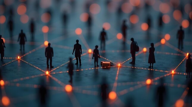 Concept of diversity and inclusion: people interacting in a digital network with glowing points symbolizing connection and unity.