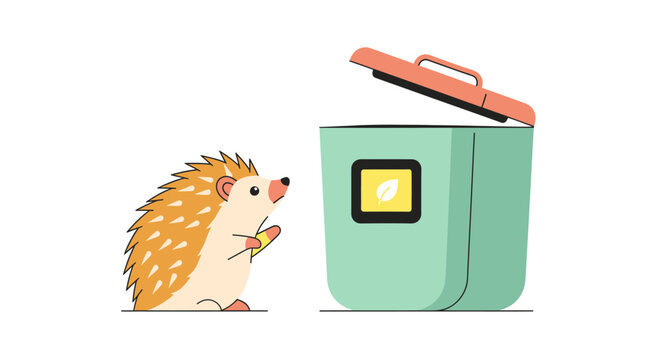 Adorable hedgehog looking at recycling bin with curious eyes, promoting econ friendly habits and environmental awareness in a fun, engaging way
