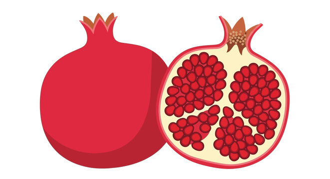 A vibrant illustration of a whole and halved pomegranate fruit