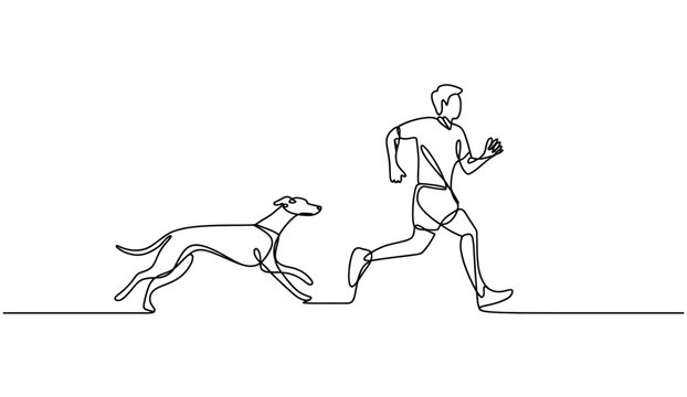Continuous line vector of people fleeing from aggressive dogs, hand-drawn single line style — suitable for posters, cartoons, humorous content, and vector storytelling illustrations.