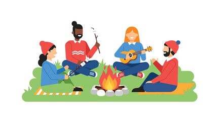 Friends enjoying a cozy campfire with music and marshmallows outdoors