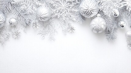 White Christmas background with silver decorations, soft snow accents, and elegant silver baubles, ribbons, and festive ornaments creating a pure, magical winter holiday scene.