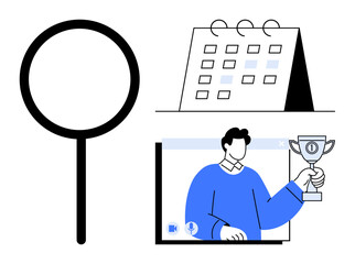 Magnifying glass, calendar, and man holding a trophy during a video call. Ideal for virtual events, online recognition, productivity, goal setting, success, teamwork remote communication