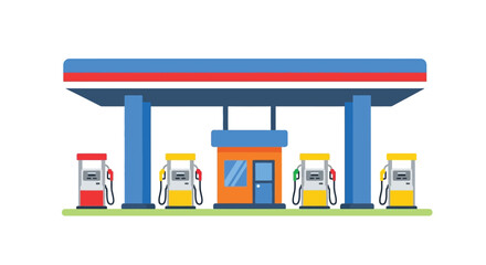 Fototapeta premium Colorful illustration of a gas station with multiple fuel pumps and a small building