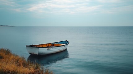 Naklejka premium Fishing boat floating peacefully on calm water near grassy shore at dusk in serene location