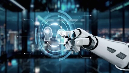 A futuristic robotic hand engages with a digital interface showcasing technology icons in a sleek modern office setting, highlighting innovation and automation. Auvana - Powered by Adobe