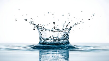 Crystal-clear high-speed capture of a single water drop striking a calm surface, forming a dramatic crown splash with suspended droplets and smooth reflective ripples in a minimal clean background