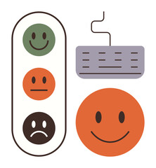 Feedback emoticons for satisfaction, neutral, and dissatisfaction, paired with a keyboard. Ideal for surveys, user experience, customer service, online interactions, satisfaction ratings technology