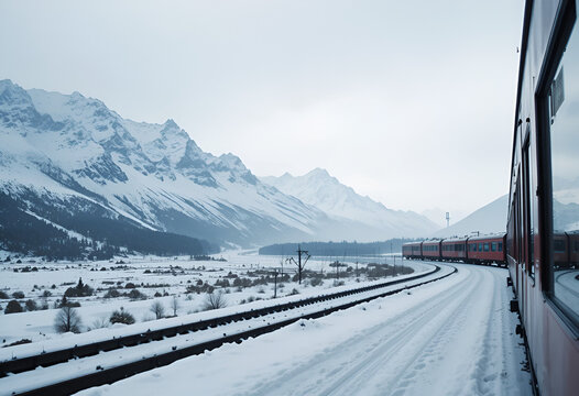 A scenic winter landscape featuring a red passenger train traveling through a snowy valley surrounded by tall, rugged mountains. The scene captures a cold, serene atmosphere with snow-covered tracks, 