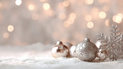 White Christmas background with silver decorations, soft snow accents, and elegant silver baubles, ribbons, and festive ornaments creating a pure, magical winter holiday scene.