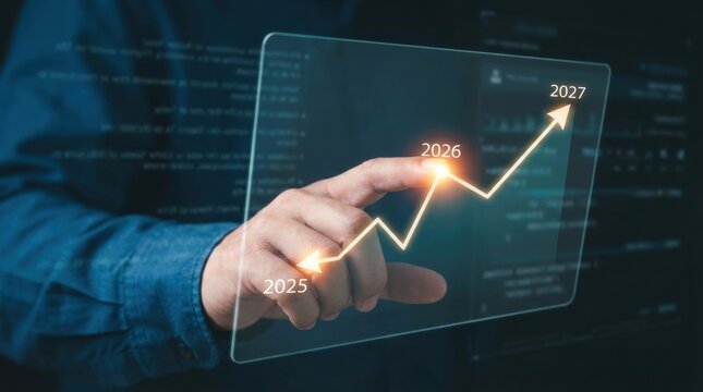 Business professional touching digital growth chart showing upward trend from 2025 to 2027 forecast