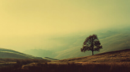 Bare tree stands alone on hillside with foggy valley background ninety symbols