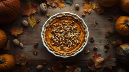 Homemade Pumpkin Pie, Autumn Harvest, Rustic Wood Tabletop, Flat Lay