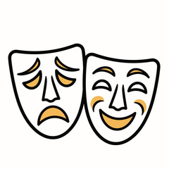 Two theatrical masks, one sad and the other happy, representing comedy and tragedy.