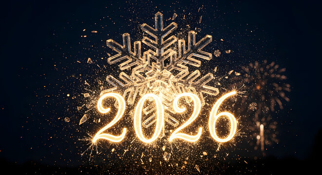 Sparkling 2026 numbers illuminated by a snowflake and fireworks in a festive celebratory design