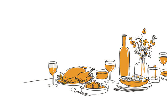 Autumn thanksgiving feast illustration with roasted turkey pumpkins wine and elegant dinner table decor