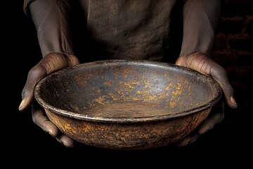 A pair of hands holds a weathered, rustic bowl, emphasizing texture and age, against a dark background.